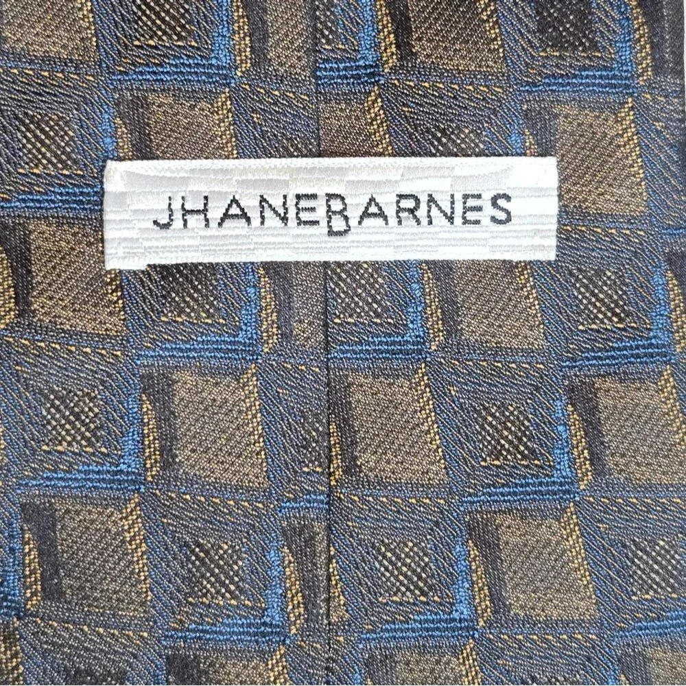 Jhane Barnes Brown & Blue Square‎ Print Original Fabric Necktie 58
